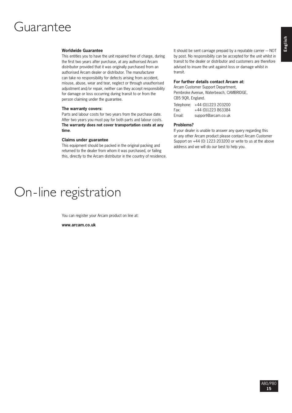 Guarantee on-line registration | Arcam A80 User Manual | Page 15 / 60