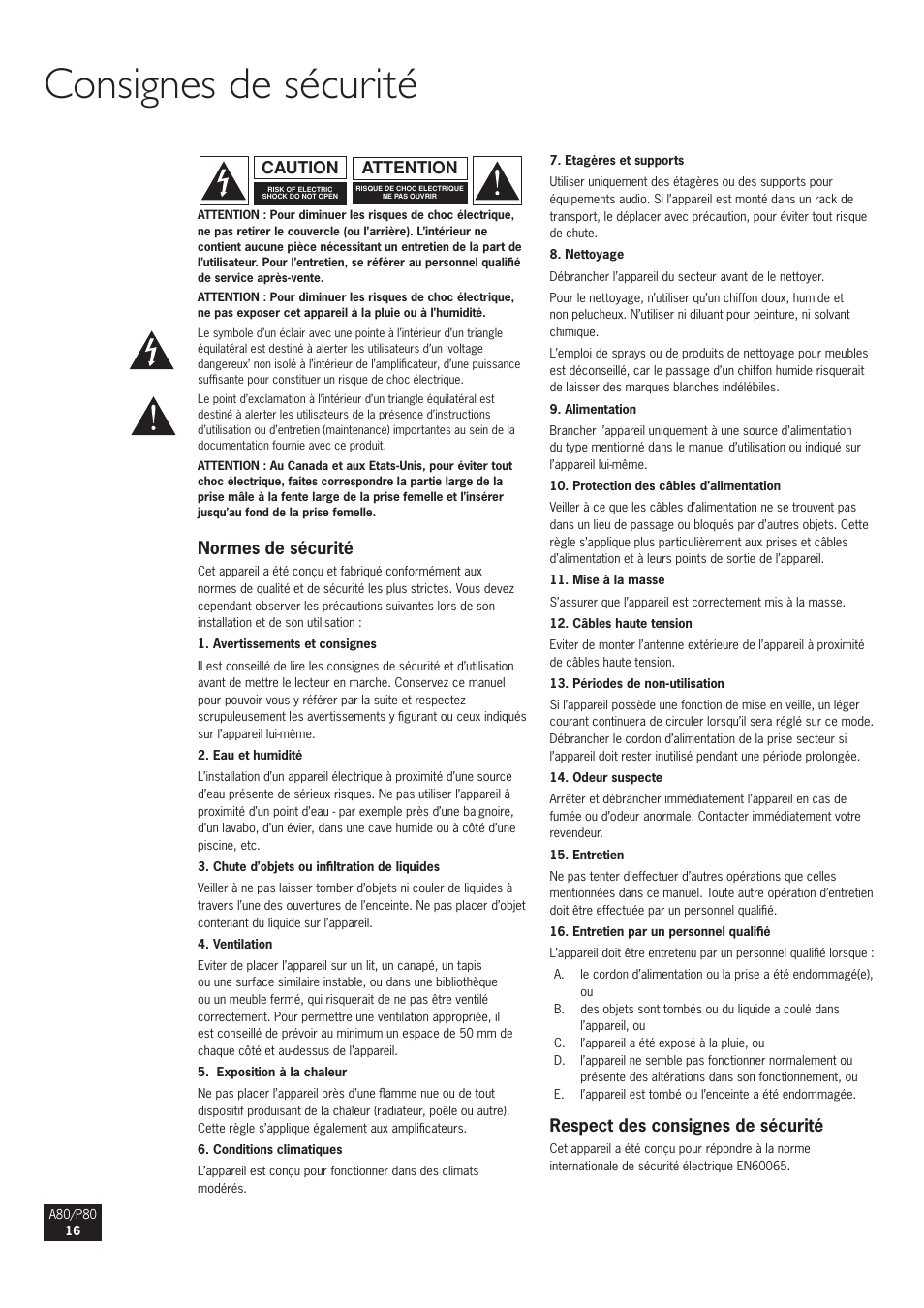 Consignes de sécurité, Normes de sécurité, Respect des consignes de sécurité | Attention caution | Arcam A80 User Manual | Page 16 / 60