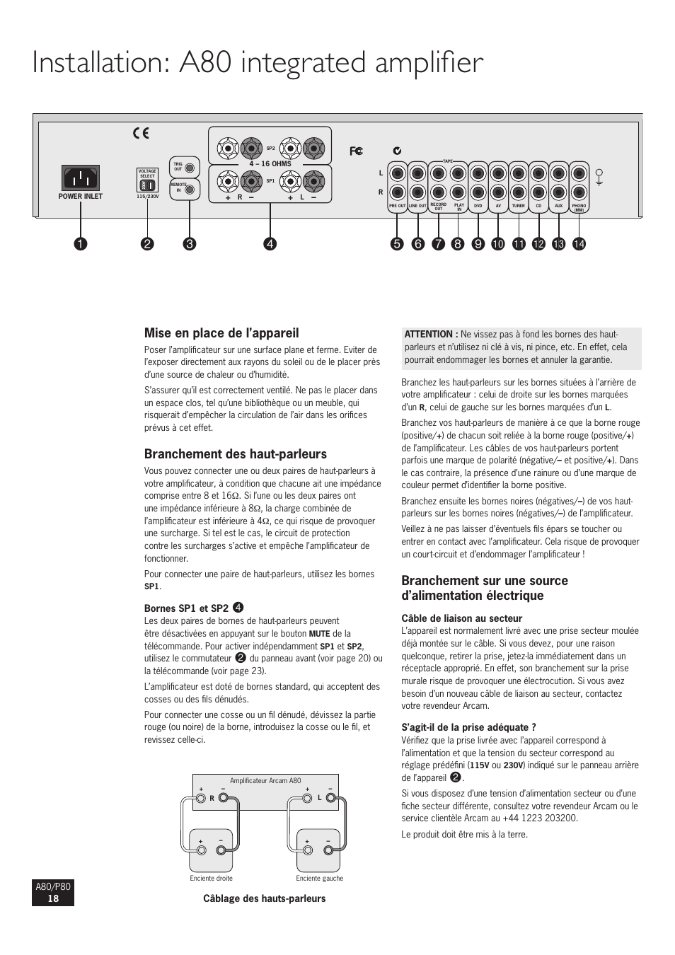 Installation: a80 integrated amplifier, Mise en place de l’appareil, Branchement des haut-parleurs | Arcam A80 User Manual | Page 18 / 60