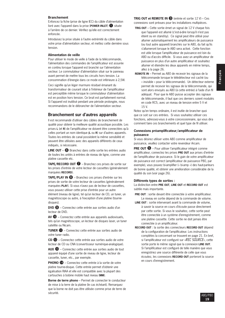 Branchement sur d’autres appareils | Arcam A80 User Manual | Page 19 / 60