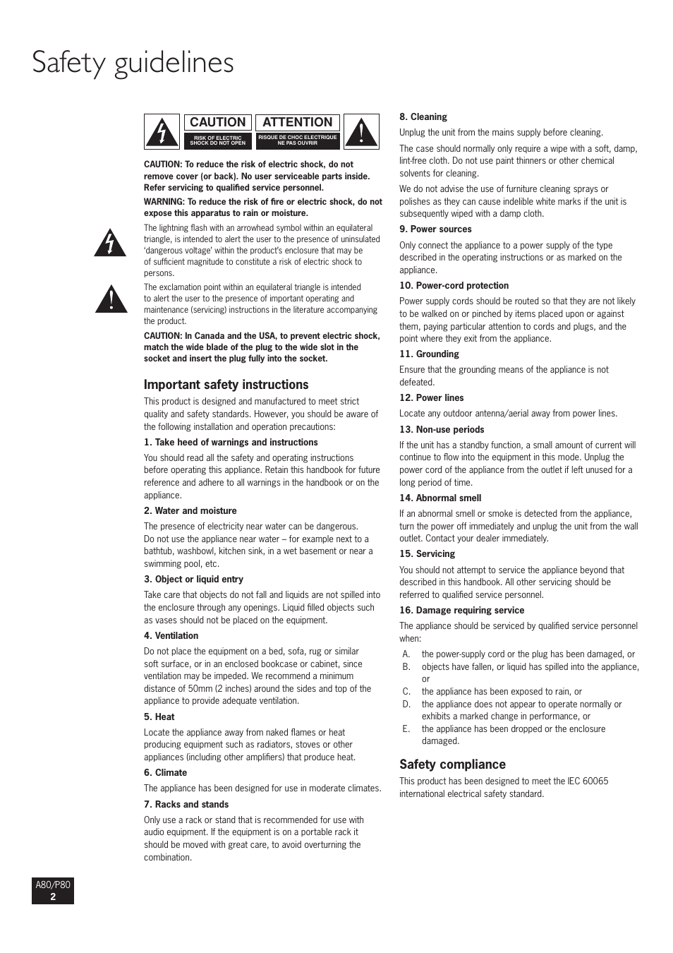 Safety guidelines, Important safety instructions, Safety compliance | Attention caution | Arcam A80 User Manual | Page 2 / 60