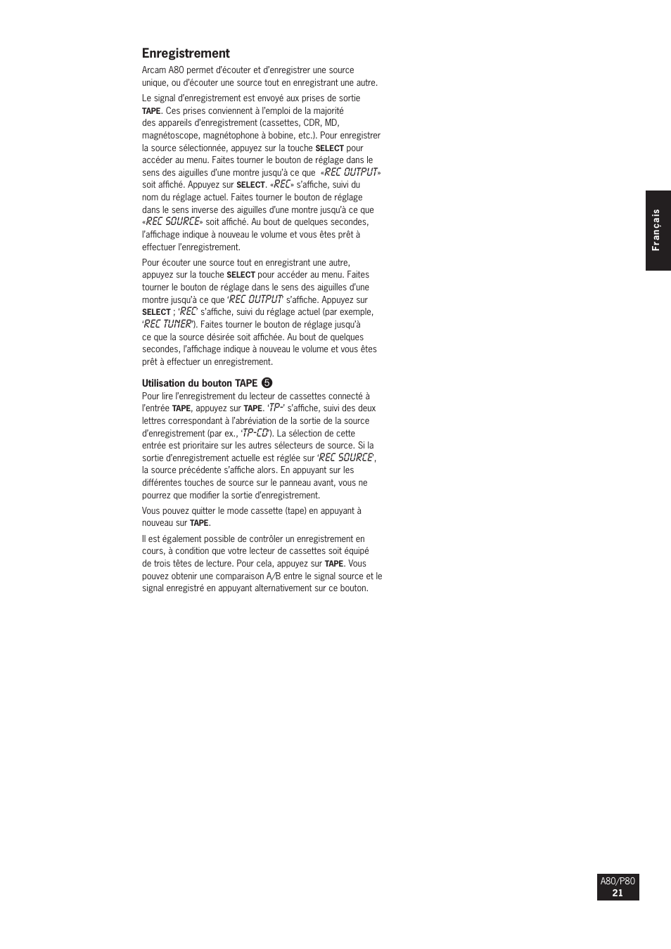 Enregistrement | Arcam A80 User Manual | Page 21 / 60