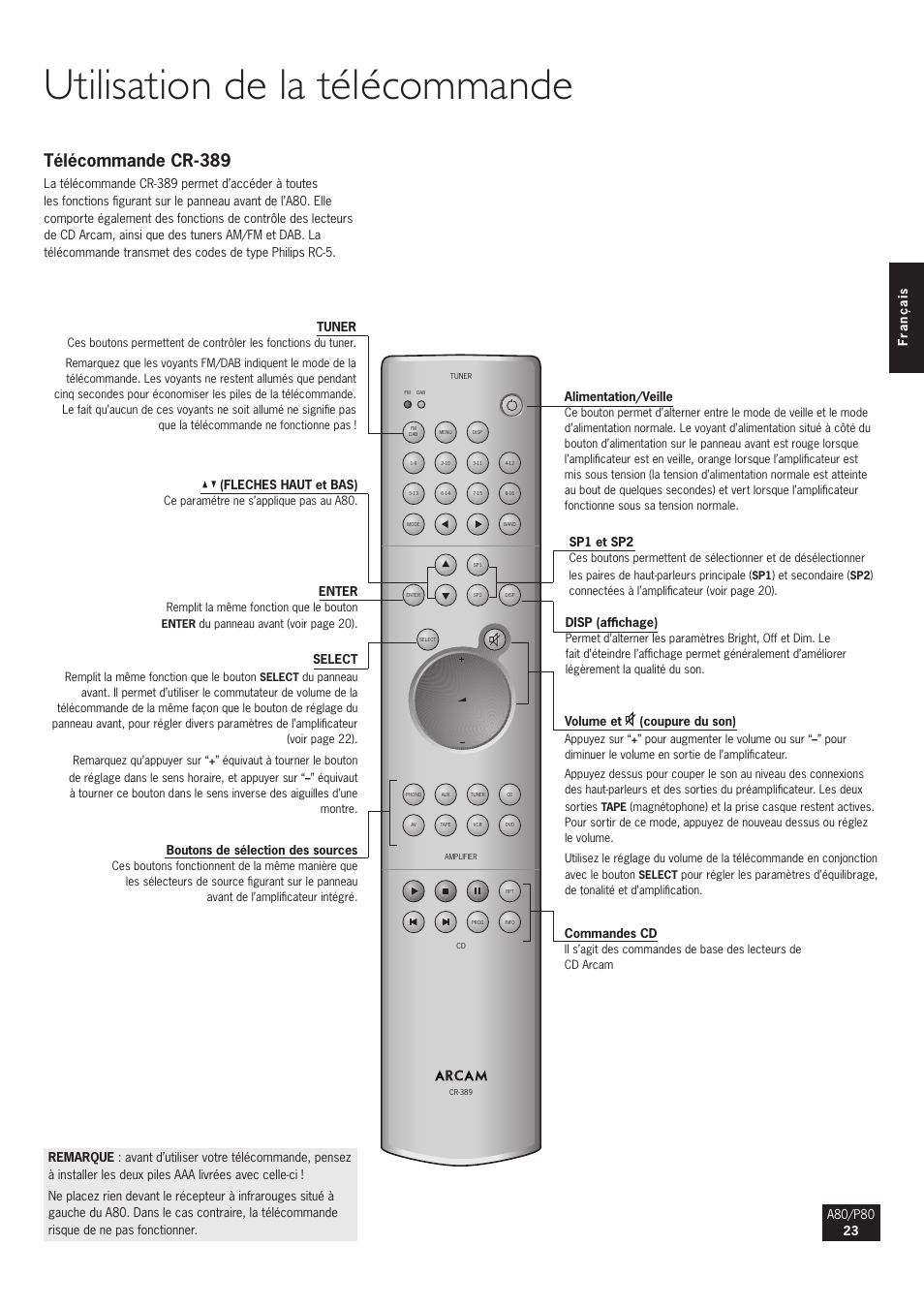 Utilisation de la télécommande, Télécommande cr-389 | Arcam A80 User Manual | Page 23 / 60