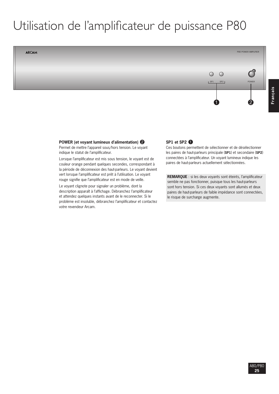 Utilisation de l’amplificateur de puissance p80 | Arcam A80 User Manual | Page 25 / 60