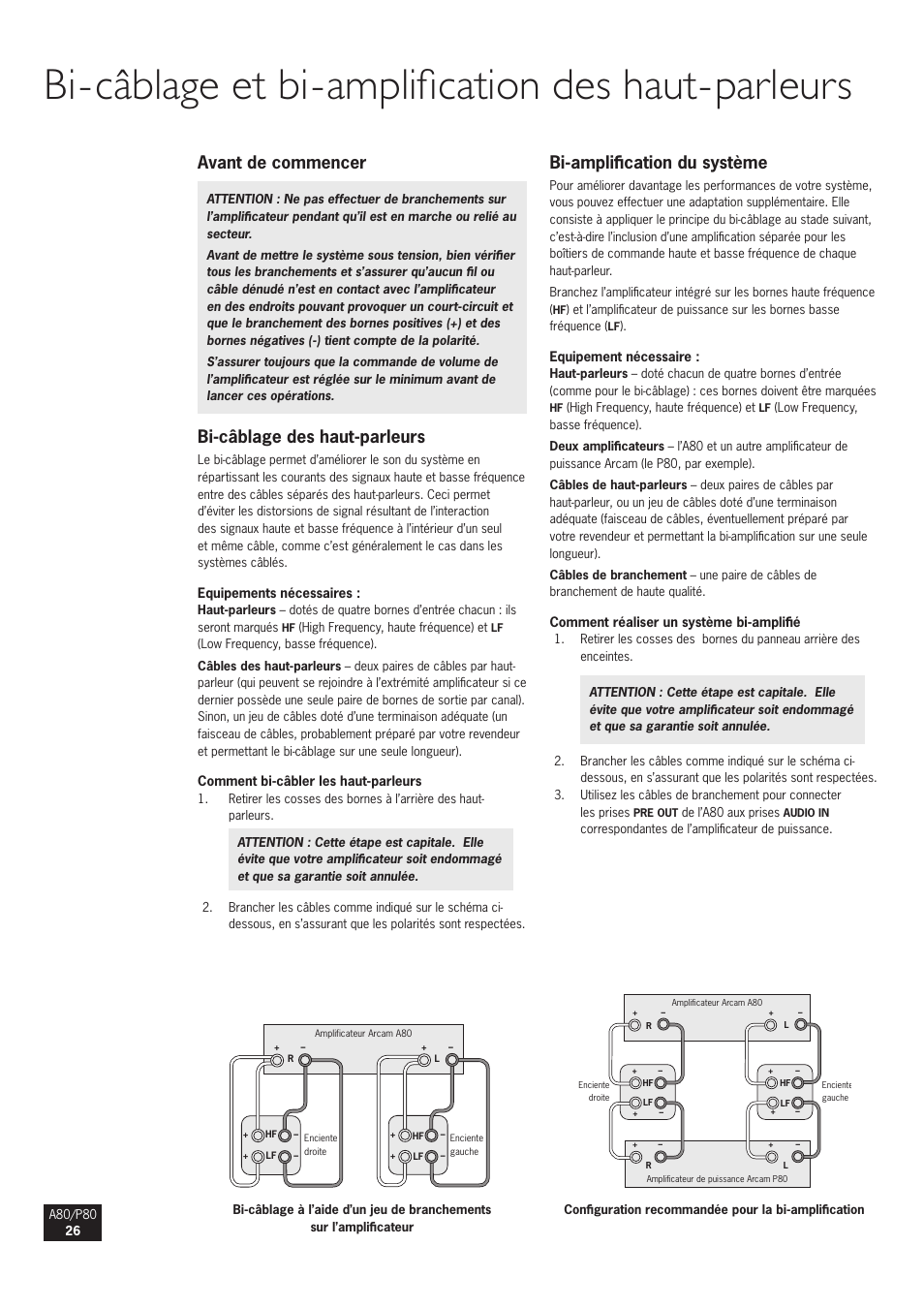 Bi-câblage et bi-amplification des haut-parleurs, Avant de commencer, Bi-câblage des haut-parleurs | Bi-amplification du système | Arcam A80 User Manual | Page 26 / 60