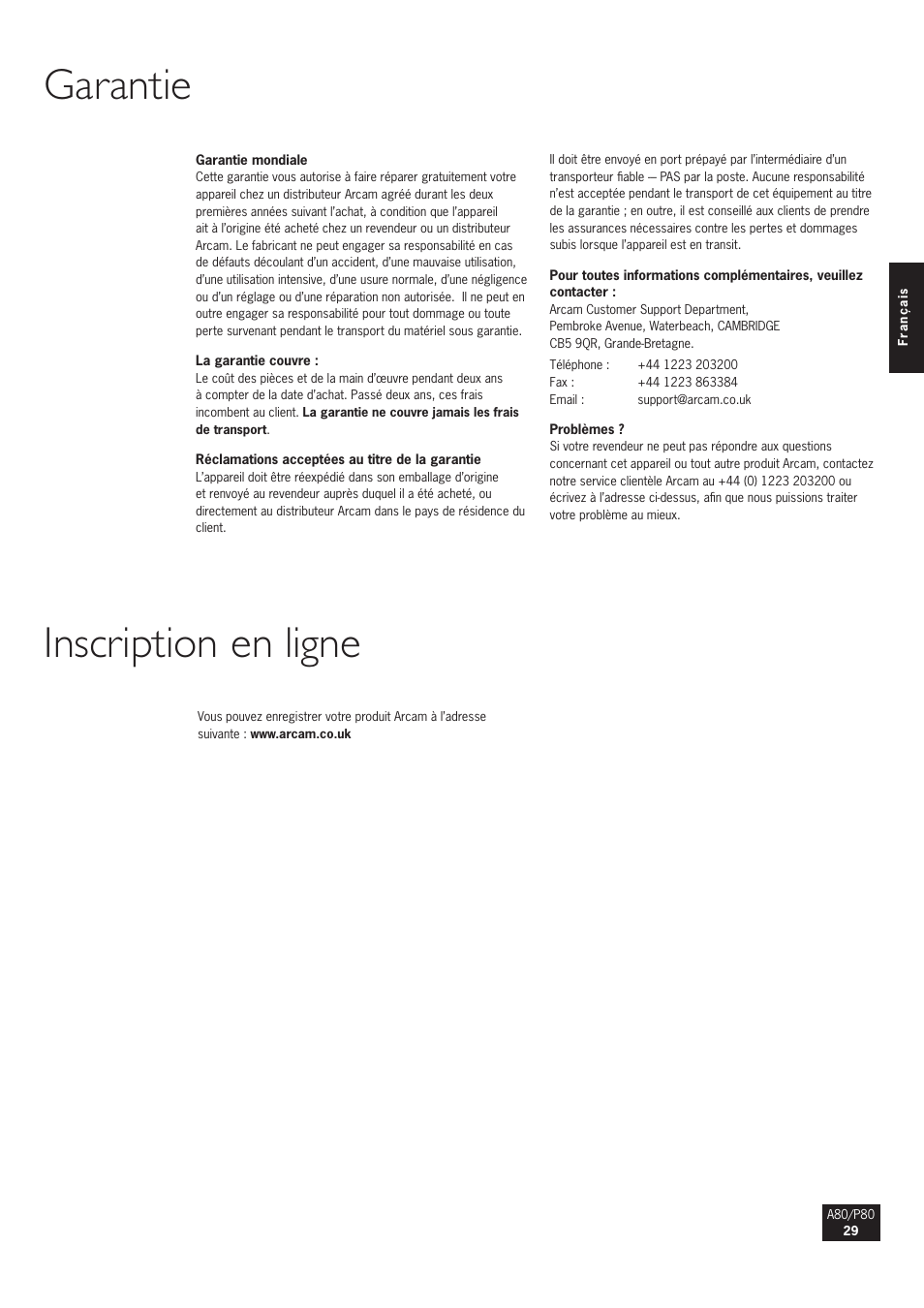 Garantie inscription en ligne | Arcam A80 User Manual | Page 29 / 60