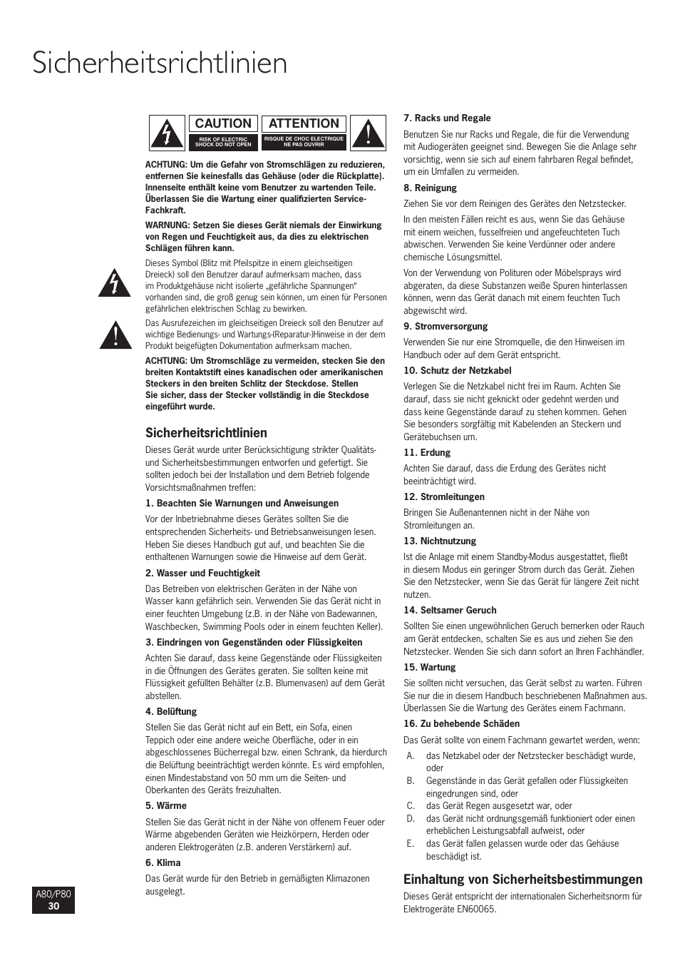 Sicherheitsrichtlinien, Einhaltung von sicherheitsbestimmungen, Attention caution | Arcam A80 User Manual | Page 30 / 60