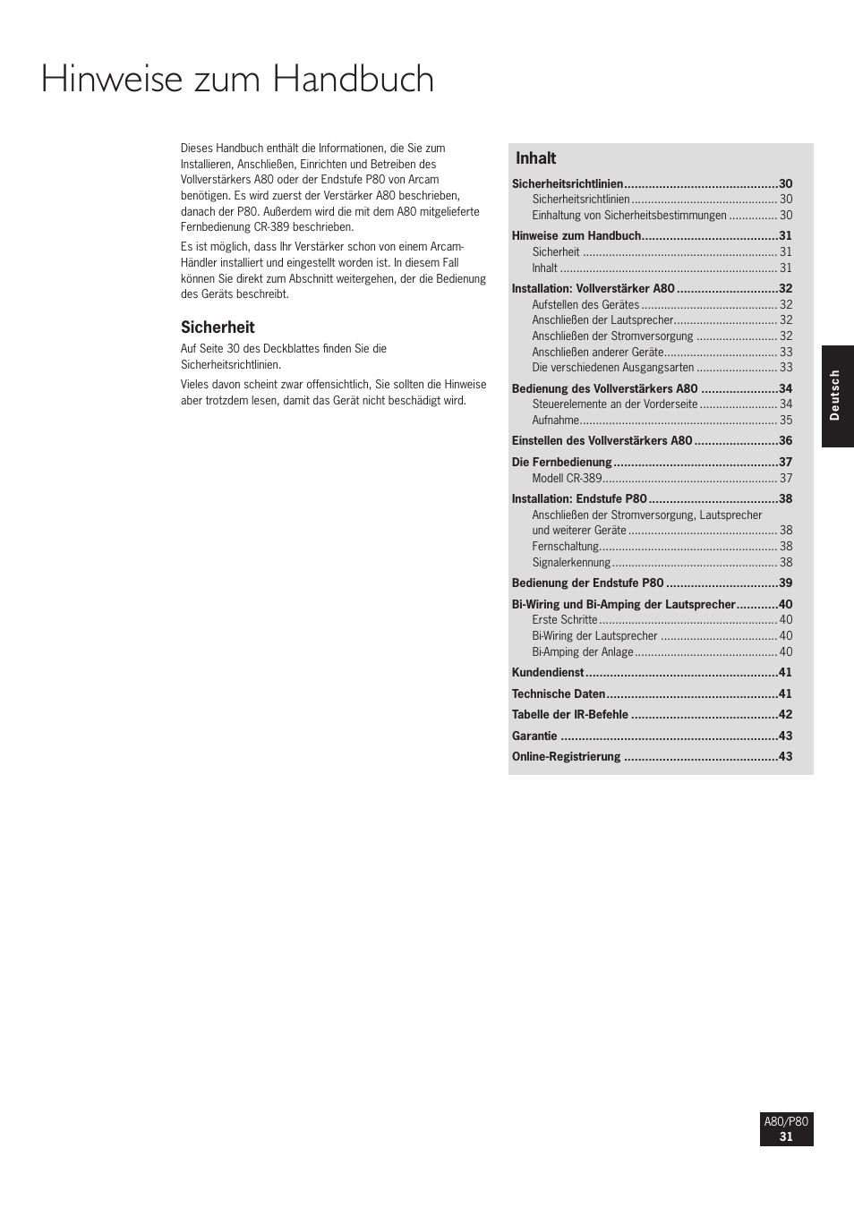 Hinweise zum handbuch, Inhalt, Sicherheit | Arcam A80 User Manual | Page 31 / 60