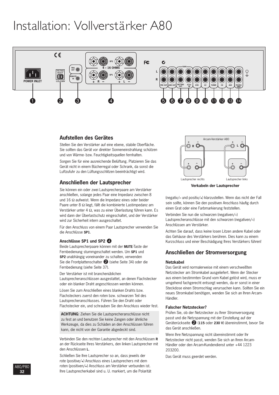 Installation: vollverstärker a80, Aufstellen des gerätes, Anschließen der lautsprecher | Anschließen der stromversorgung | Arcam A80 User Manual | Page 32 / 60