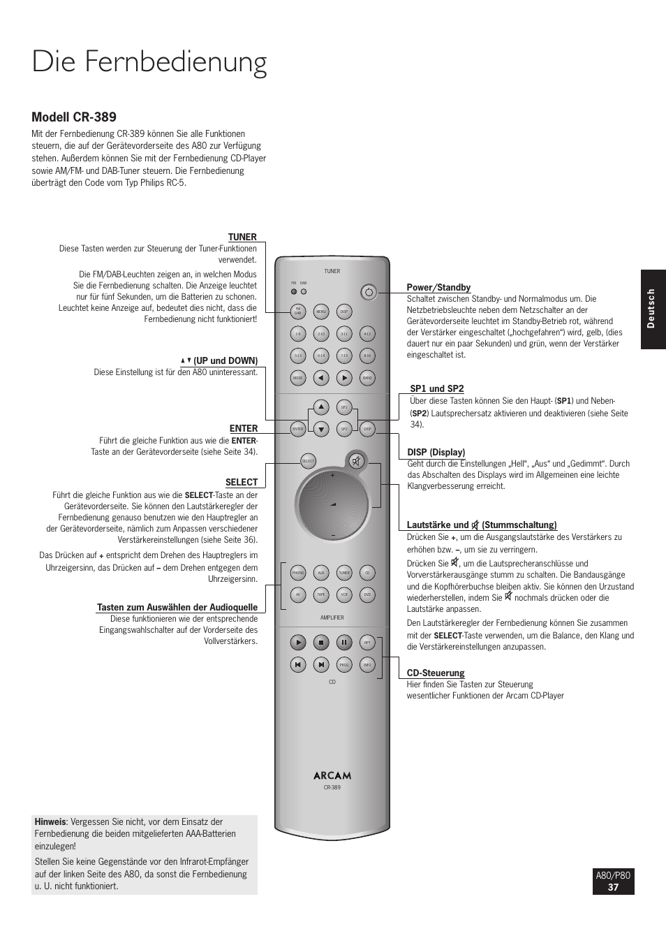 Die fernbedienung, Modell cr-389 | Arcam A80 User Manual | Page 37 / 60