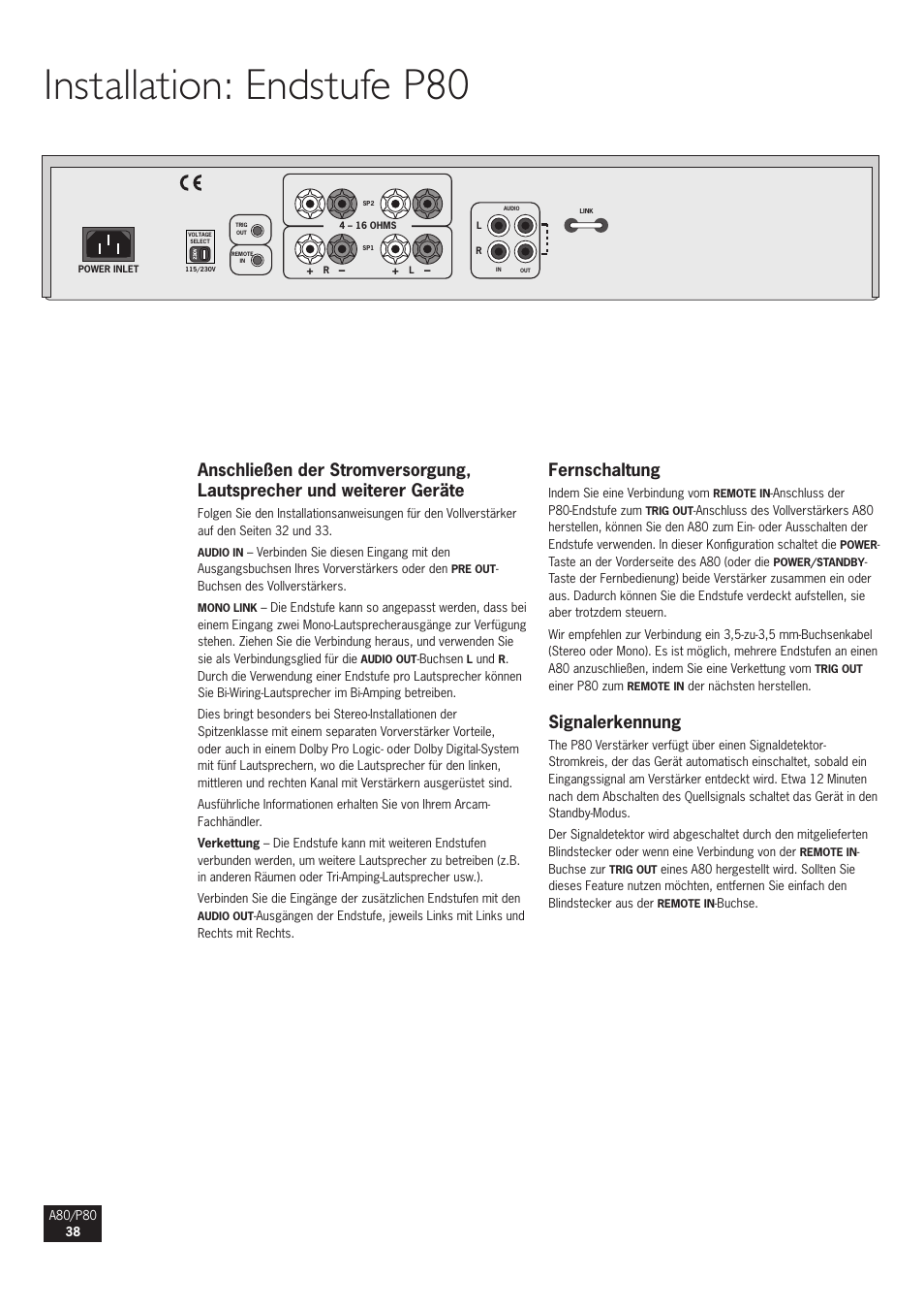 Installation: endstufe p80, Fernschaltung, Signalerkennung | Arcam A80 User Manual | Page 38 / 60