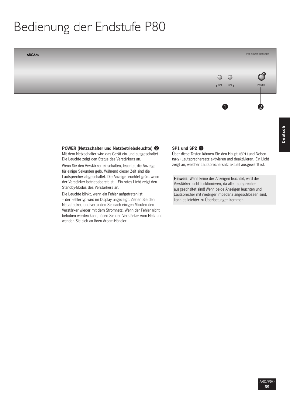 Bedienung der endstufe p80 | Arcam A80 User Manual | Page 39 / 60