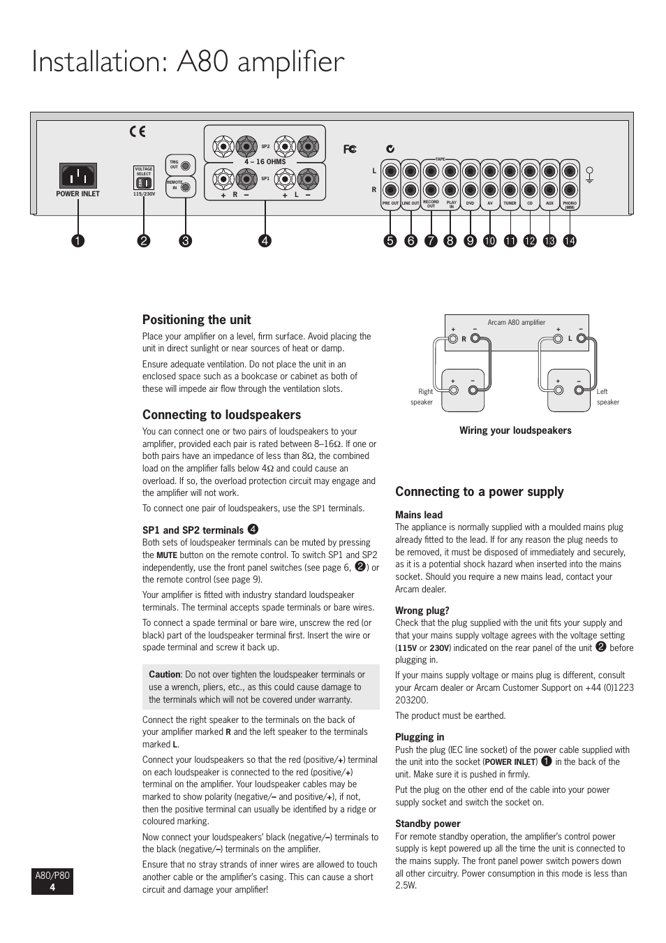 Installation: a80 amplifier, Positioning the unit, Connecting to loudspeakers | Connecting to a power supply | Arcam A80 User Manual | Page 4 / 60