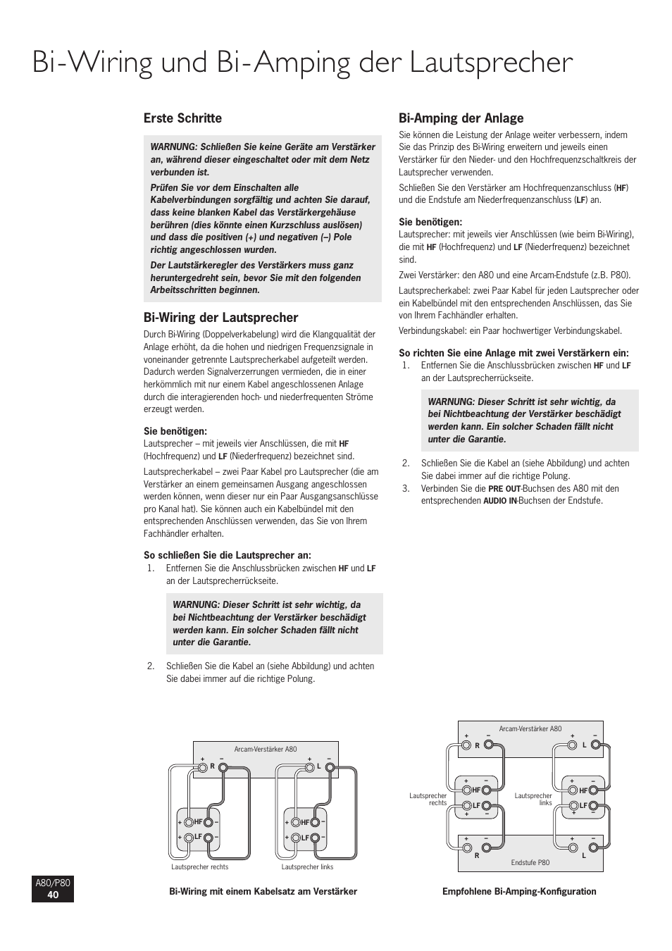 Bi-wiring und bi-amping der lautsprecher, Erste schritte, Bi-wiring der lautsprecher | Bi-amping der anlage | Arcam A80 User Manual | Page 40 / 60