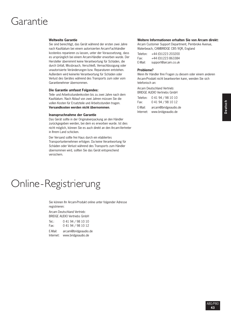 Garantie online-registrierung | Arcam A80 User Manual | Page 43 / 60