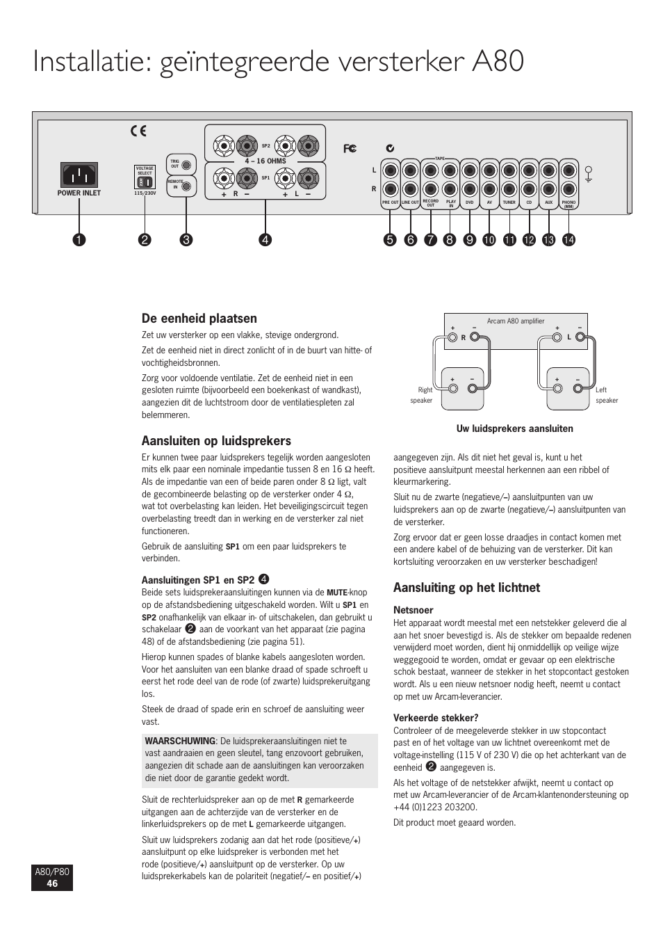 Installatie: geïntegreerde versterker a80, De eenheid plaatsen, Aansluiten op luidsprekers | Aansluiting op het lichtnet | Arcam A80 User Manual | Page 46 / 60