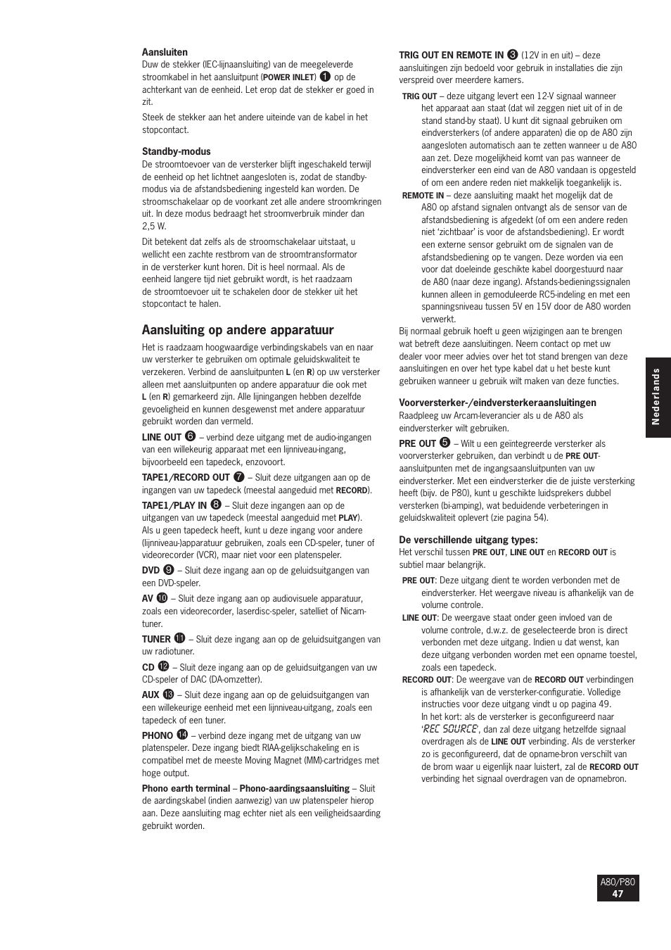 Aansluiting op andere apparatuur | Arcam A80 User Manual | Page 47 / 60