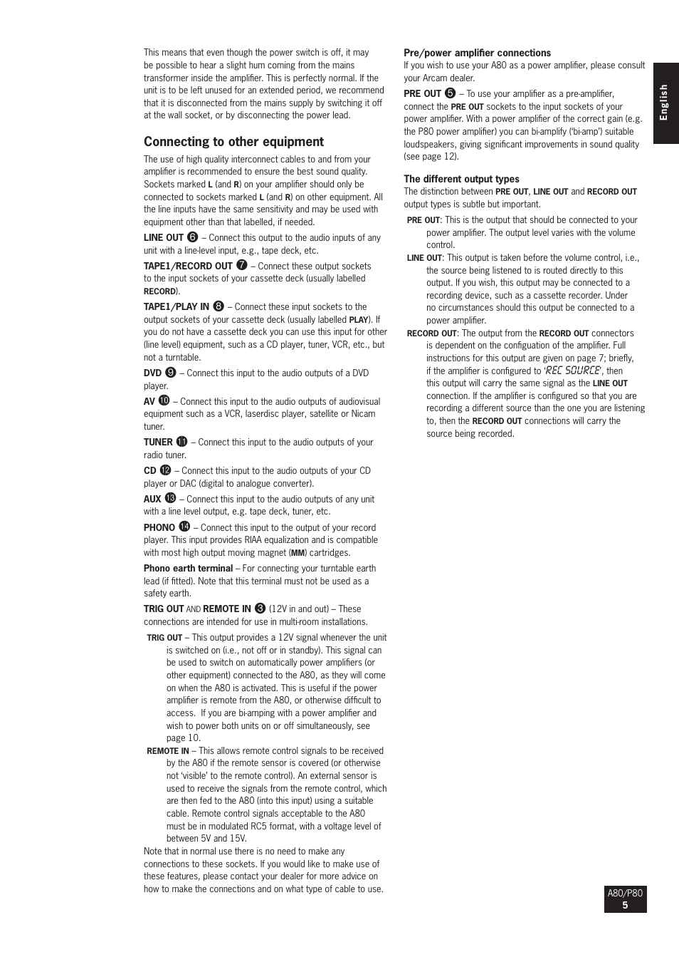 Connecting to other equipment | Arcam A80 User Manual | Page 5 / 60