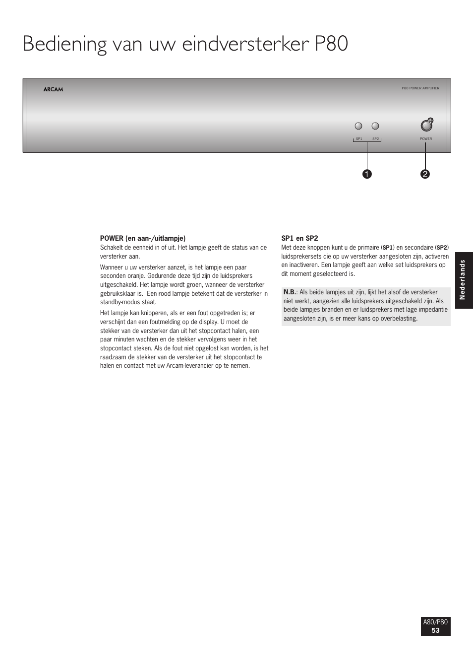 Bediening van uw eindversterker p80 | Arcam A80 User Manual | Page 53 / 60