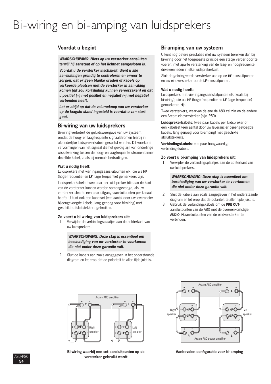 Bi-wiring en bi-amping van luidsprekers, Voordat u begint, Bi-wiring van uw luidsprekers | Bi-amping van uw systeem | Arcam A80 User Manual | Page 54 / 60