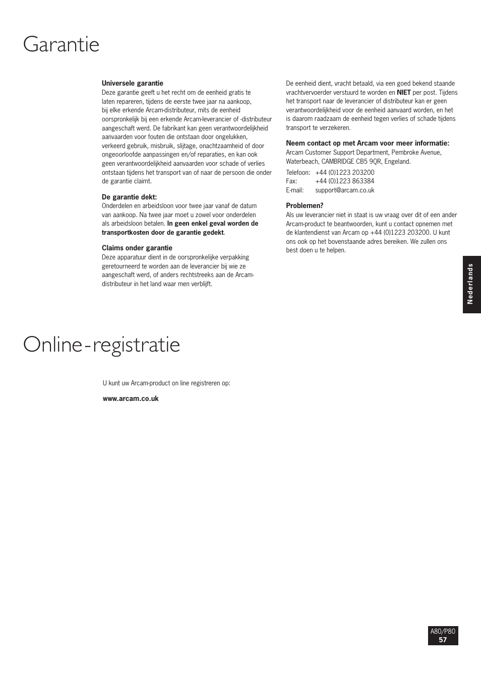 Garantie online-registratie | Arcam A80 User Manual | Page 57 / 60