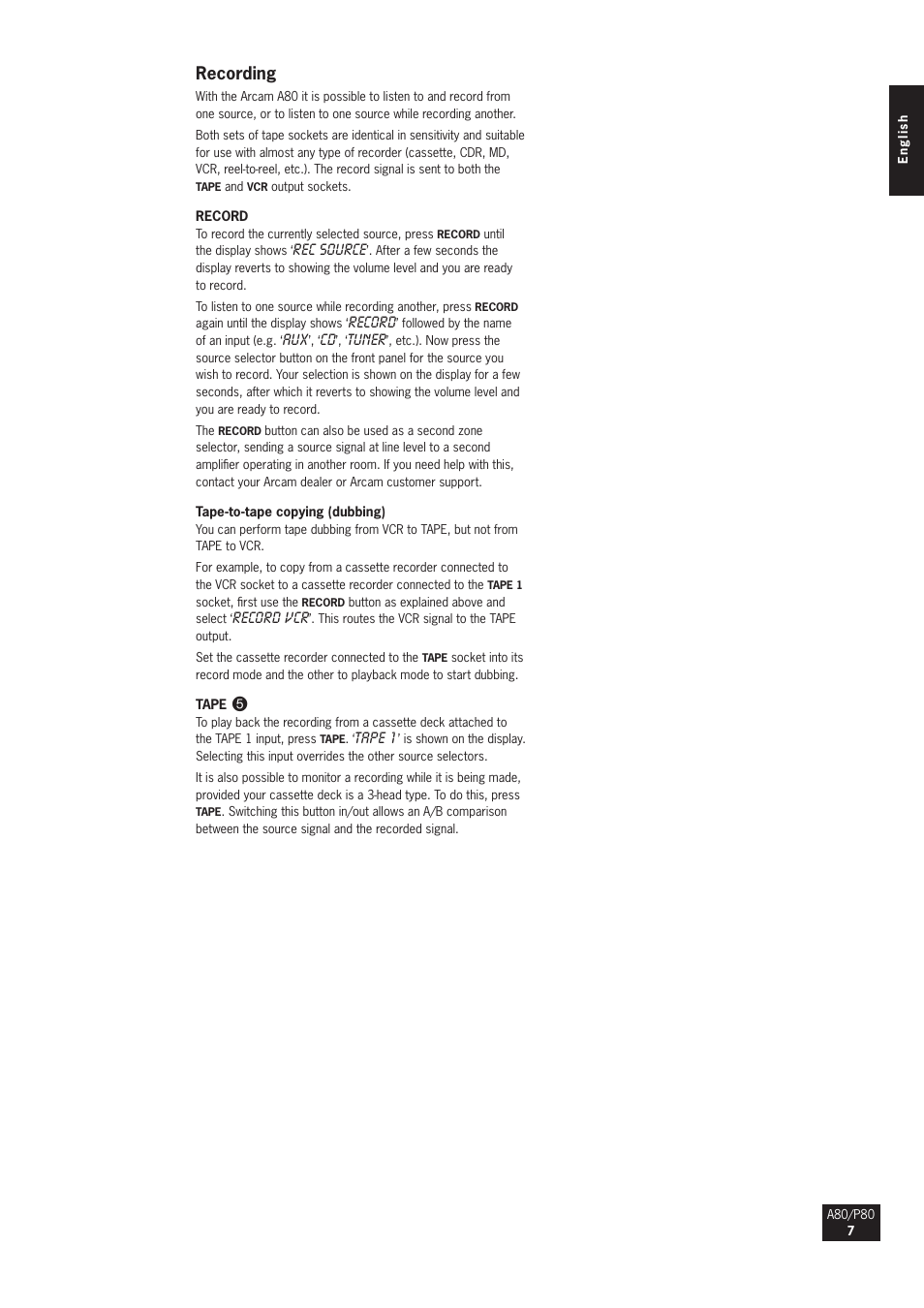 Recording | Arcam A80 User Manual | Page 7 / 60