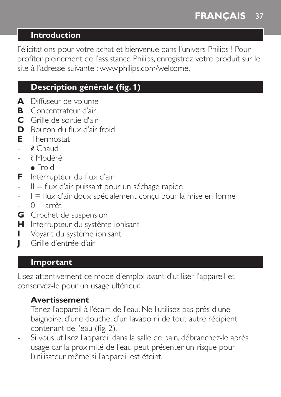 Avertissement, Français, Introduction | Description générale (fig. 1), Important | Philips Sèche-cheveux User Manual | Page 37 / 76