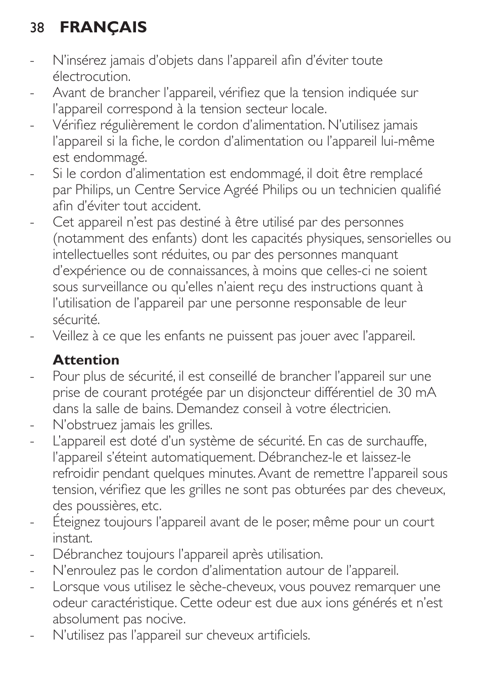 Attention | Philips Sèche-cheveux User Manual | Page 38 / 76