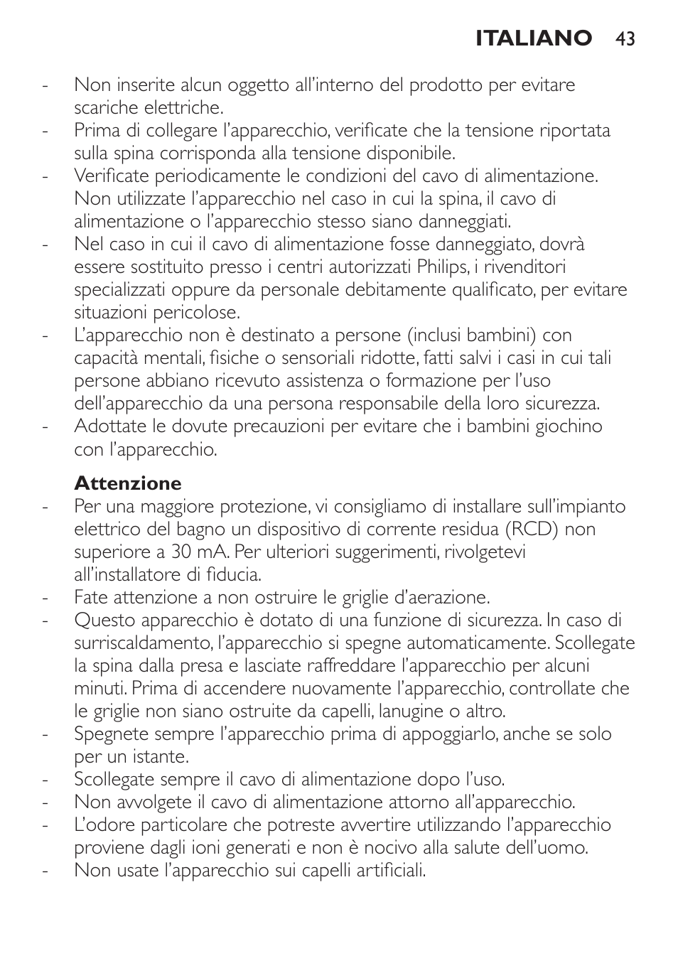 Attenzione | Philips Sèche-cheveux User Manual | Page 43 / 76