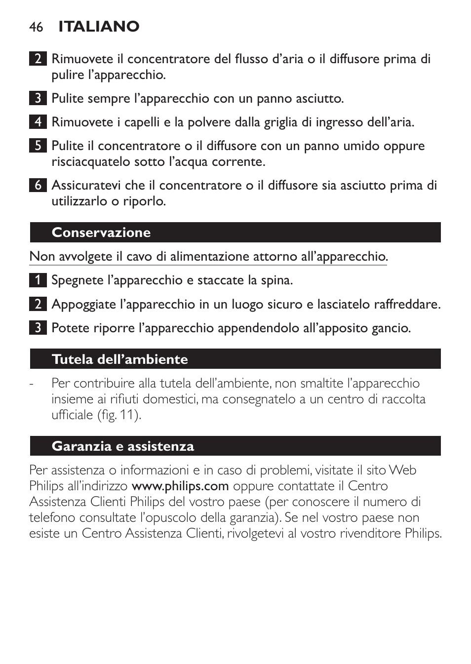 Conservazione, Tutela dell’ambiente, Garanzia e assistenza | Philips Sèche-cheveux User Manual | Page 46 / 76