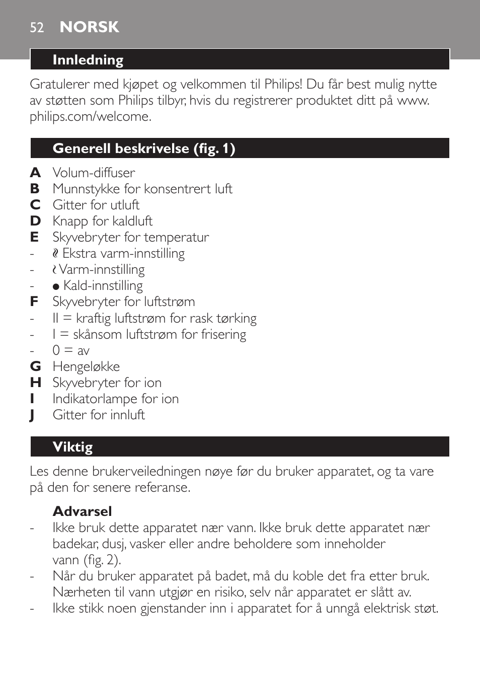 Advarsel, Norsk, Innledning | Generell beskrivelse (fig. 1), Viktig | Philips Sèche-cheveux User Manual | Page 52 / 76