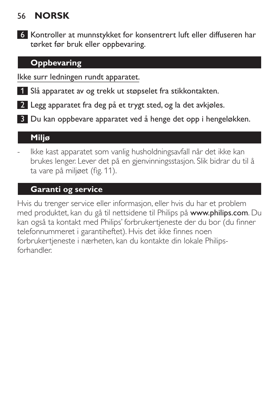 Oppbevaring, Miljø, Garanti og service | Philips Sèche-cheveux User Manual | Page 56 / 76