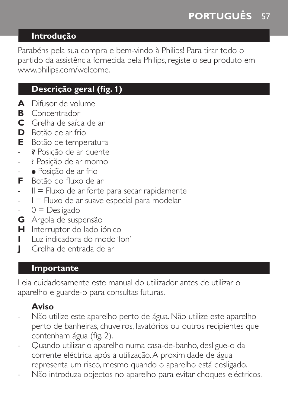 Aviso, Português, Introdução | Descrição geral (fig. 1), Importante | Philips Sèche-cheveux User Manual | Page 57 / 76