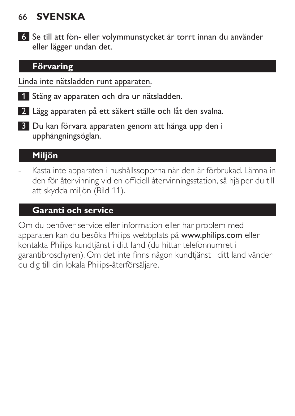 Förvaring, Miljön, Garanti och service | Philips Sèche-cheveux User Manual | Page 66 / 76