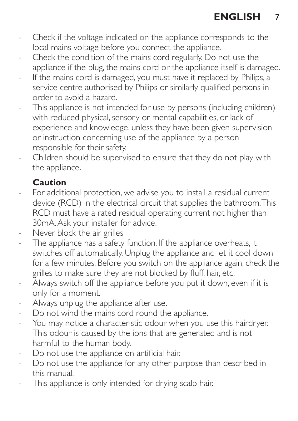 Caution | Philips Sèche-cheveux User Manual | Page 7 / 76