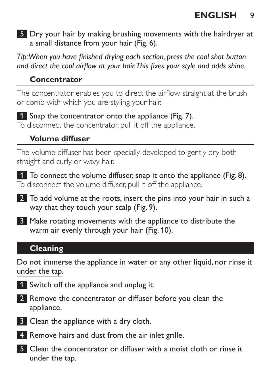 Concentrator, Volume diffuser, Cleaning | Philips Sèche-cheveux User Manual | Page 9 / 76