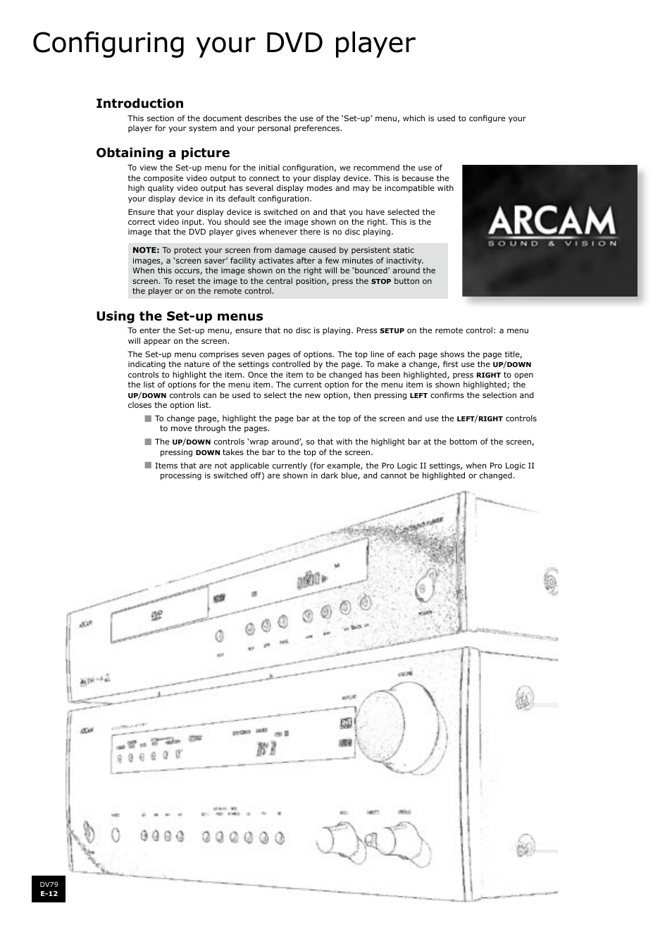 Confi guring your dvd player, Introduction, Obtaining a picture | Using the set-up menus | Arcam DV79 User Manual | Page 12 / 42