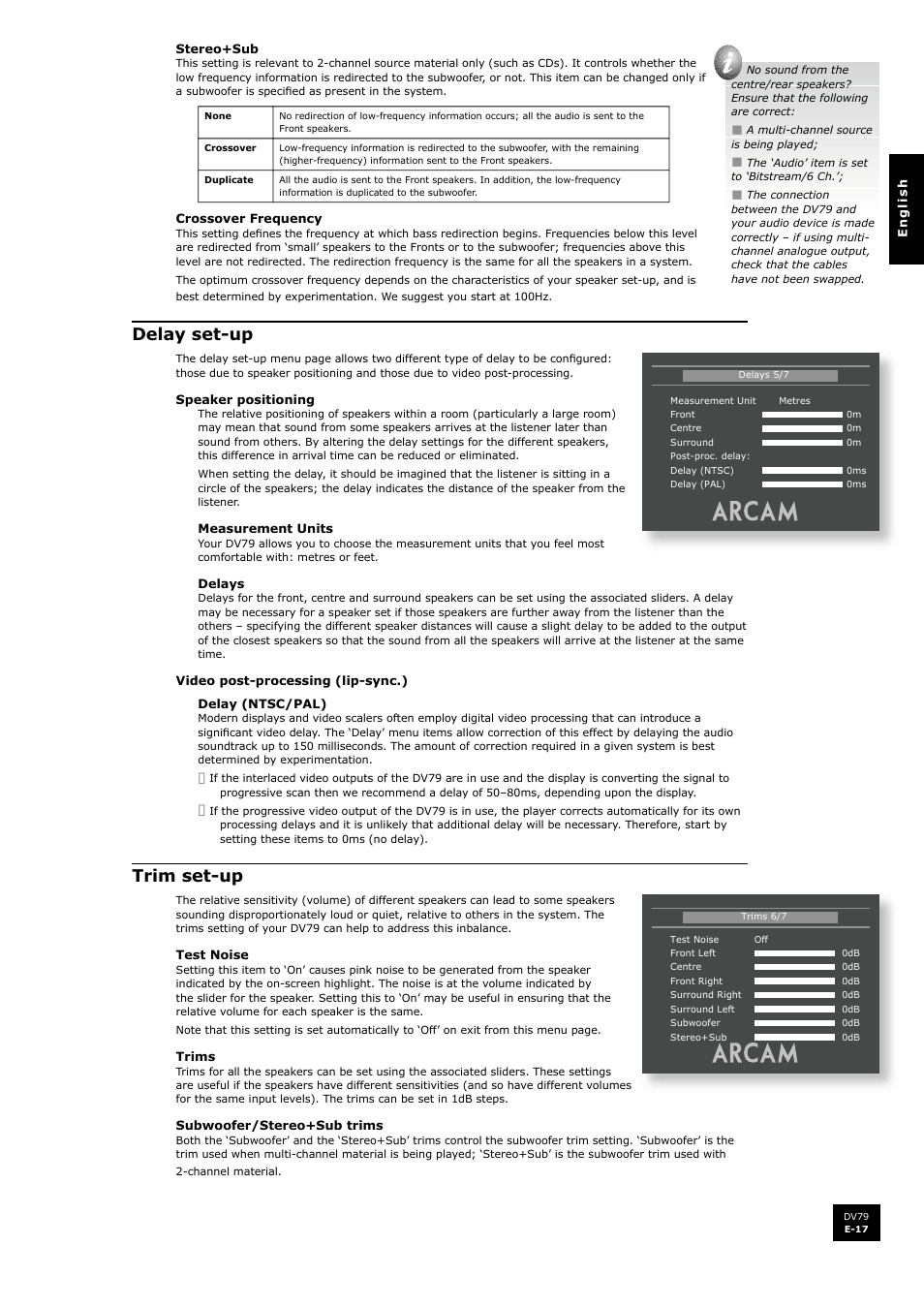 Delay set-up, Trim set-up | Arcam DV79 User Manual | Page 17 / 42