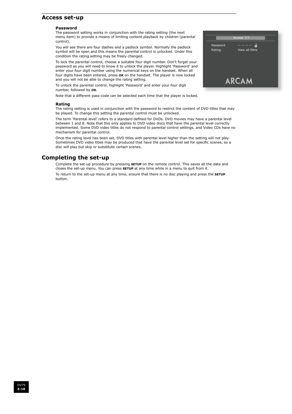 Access set-up, Completing the set-up | Arcam DV79 User Manual | Page 18 / 42