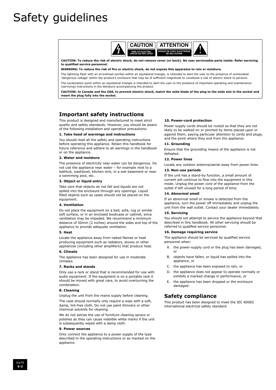 Safety guidelines, Attention caution, Important safety instructions | Safety compliance | Arcam DV79 User Manual | Page 2 / 42