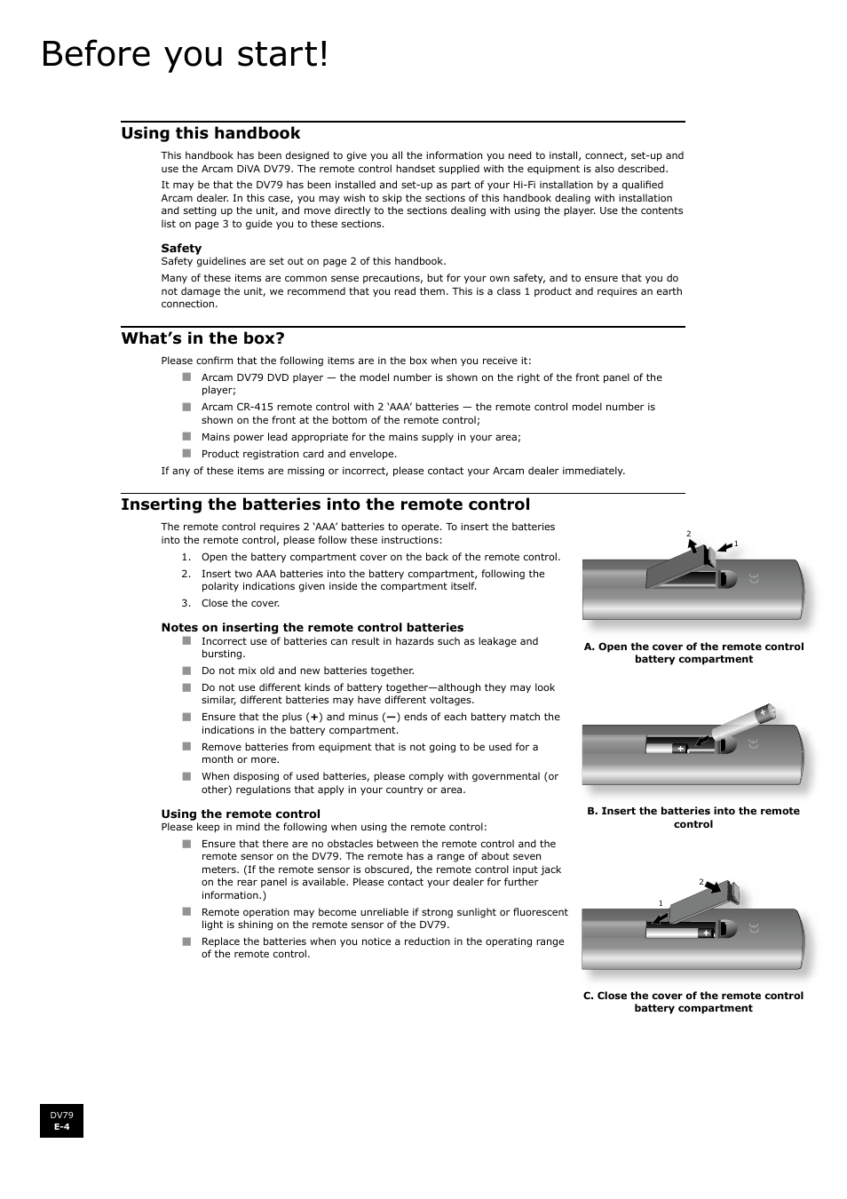 Before you start, Using this handbook, What’s in the box | Inserting the batteries into the remote control | Arcam DV79 User Manual | Page 4 / 42