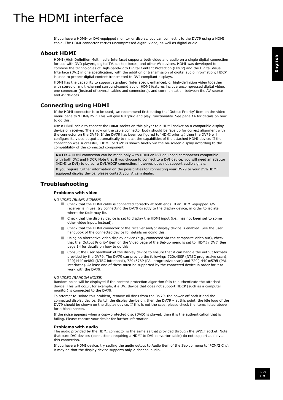 The hdmi interface, About hdmi, Connecting using hdmi | Troubleshooting | Arcam DV79 User Manual | Page 9 / 42