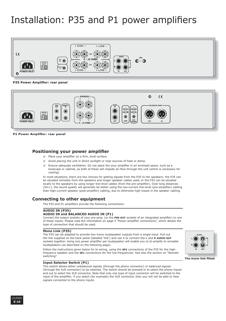 Installation: p35 and p1 power amplifiers, Positioning your power amplifier, Connecting to other equipment | E-10, E-10 connecting to other equipment, Installation: p35 and p1 power amplifi ers, Positioning your power amplifi er, En g li s h | Arcam P1 User Manual | Page 10 / 18