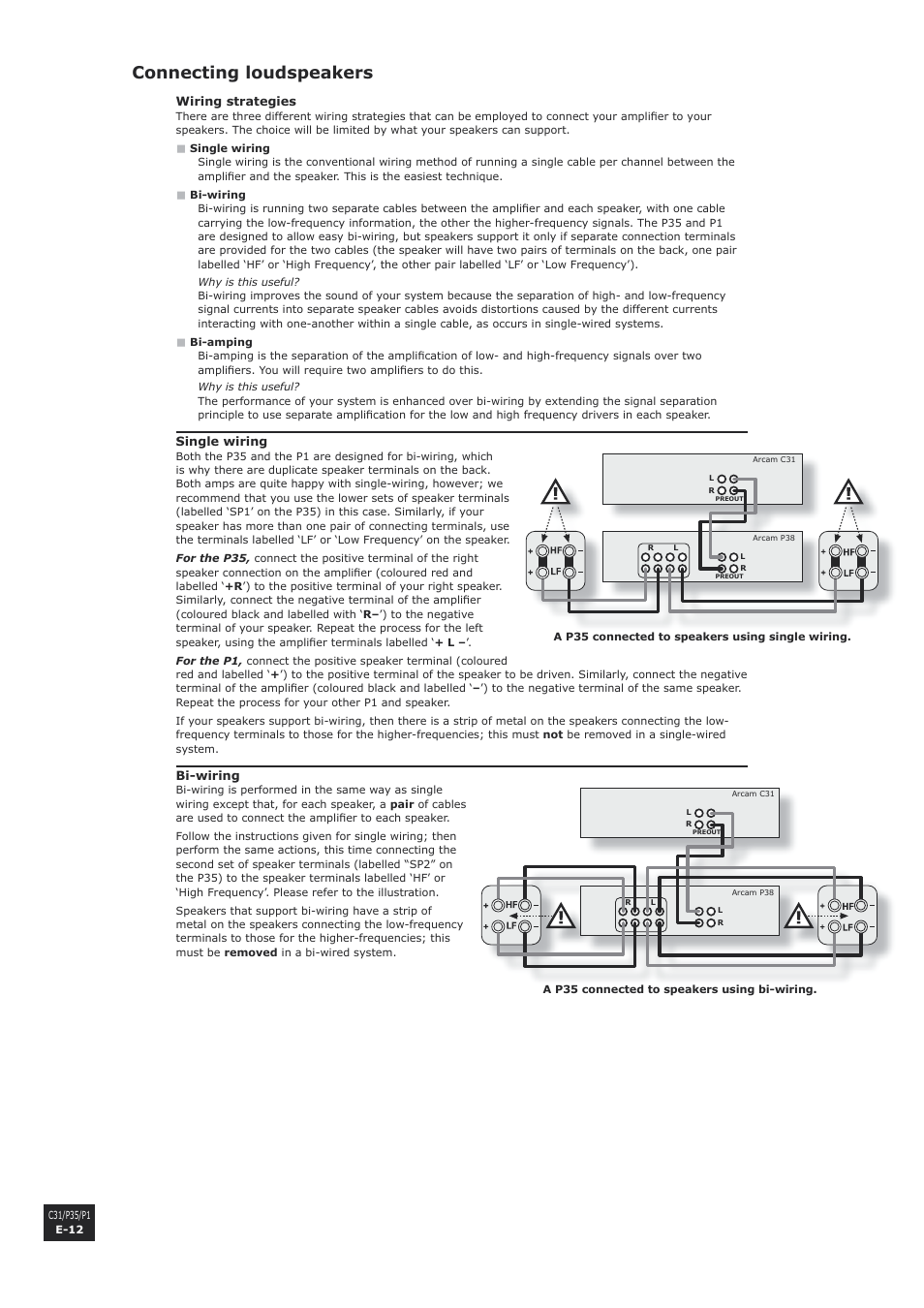 Connecting loudspeakers, E-12, En g li s h | Arcam P1 User Manual | Page 12 / 18