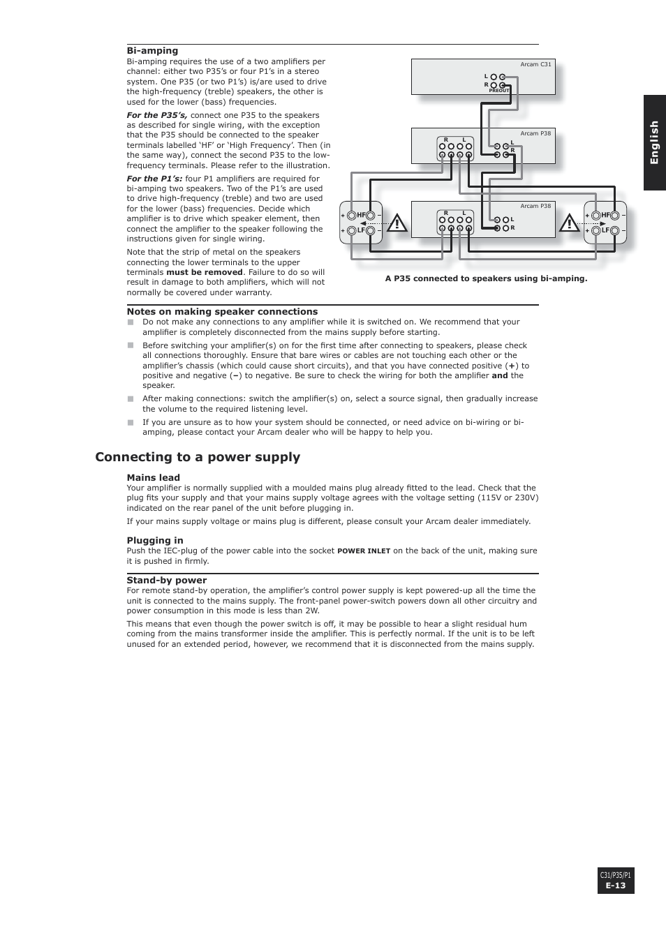 Connecting to a power supply, E-13 | Arcam P1 User Manual | Page 13 / 18