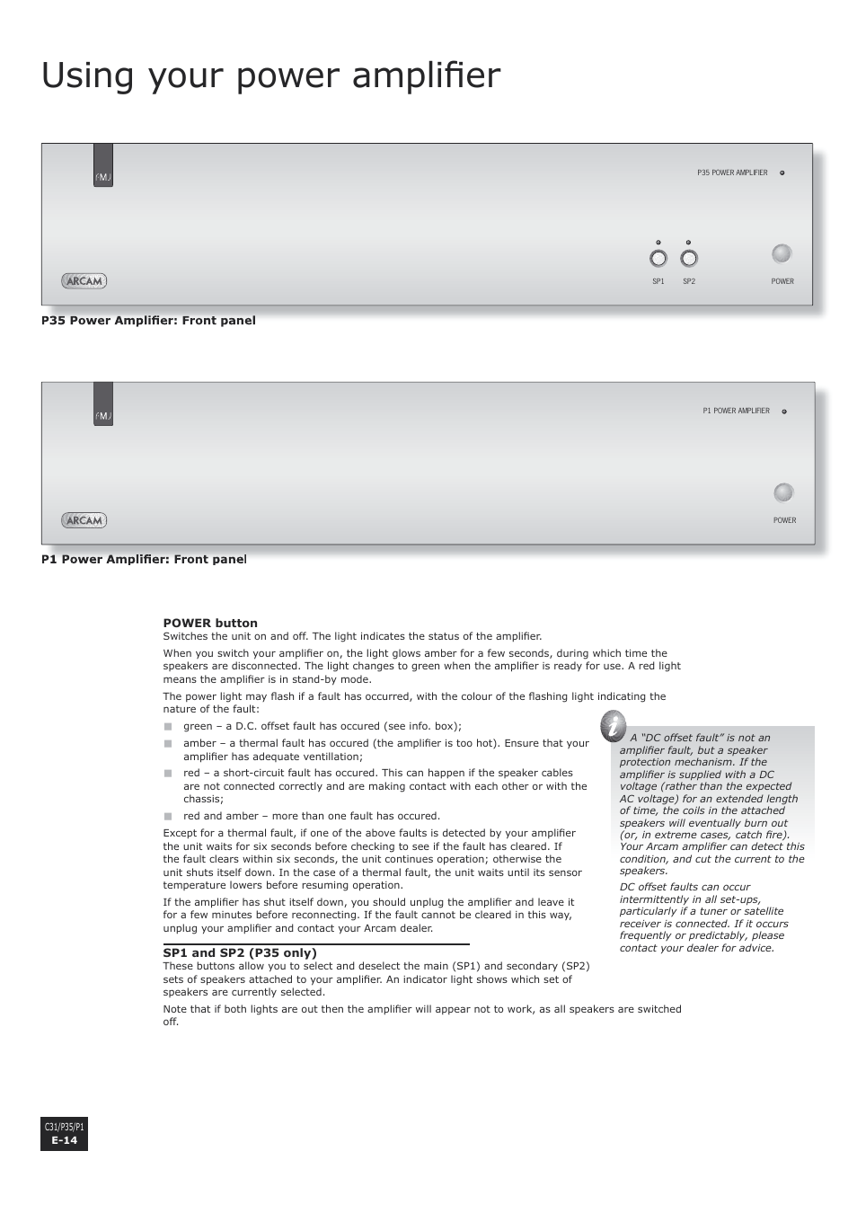 Using your power amplifier, E-14, Using your power amplifi er | Arcam P1 User Manual | Page 14 / 18