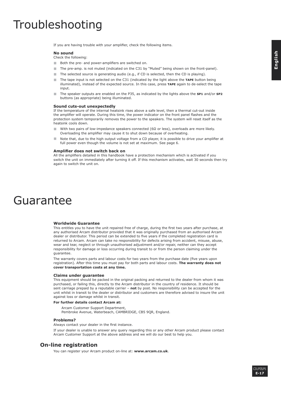 Troubleshooting, Guarantee, On-line registration | E-17 | Arcam P1 User Manual | Page 17 / 18