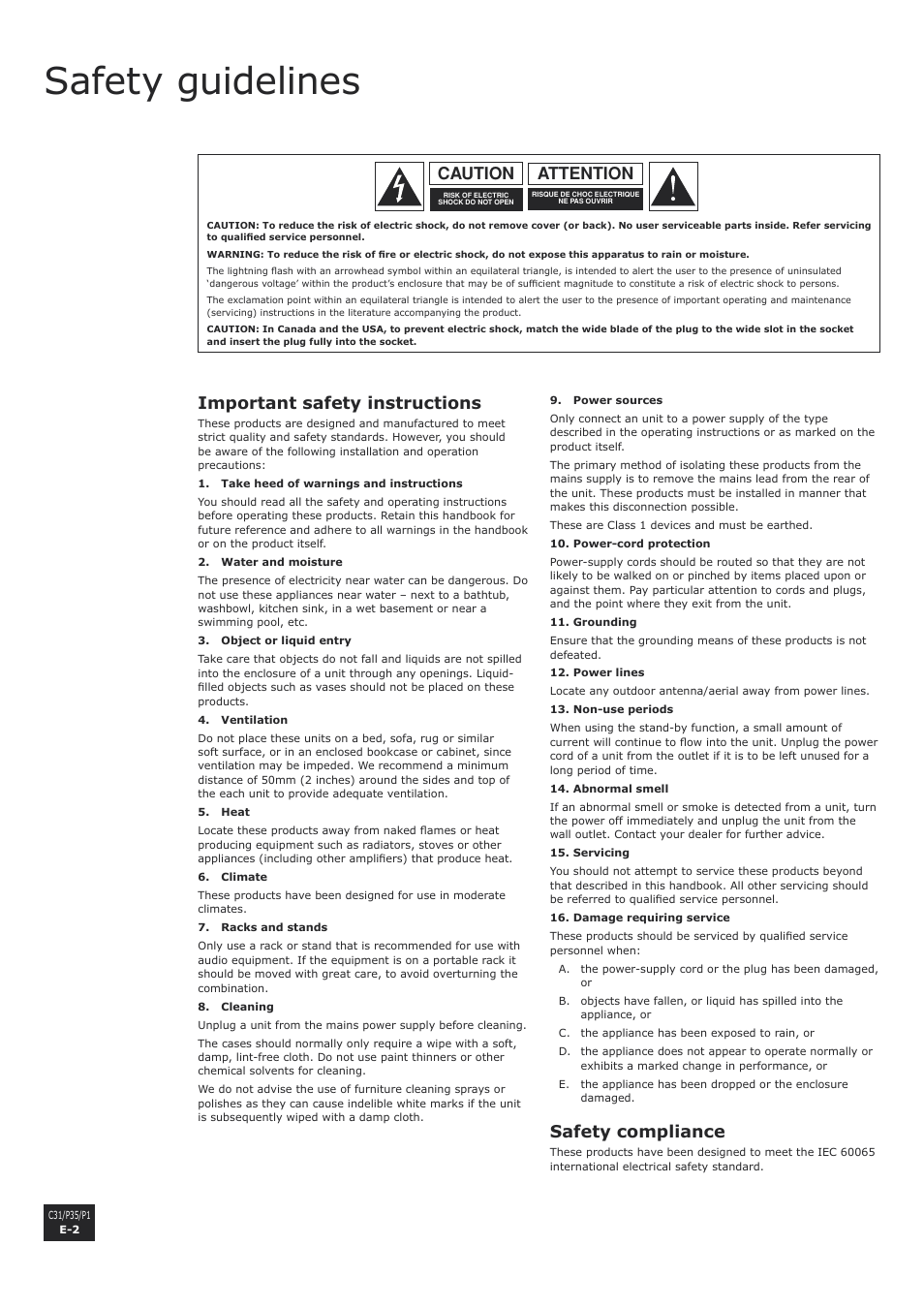 Safety guidelines, Important safety instructions, Safety compliance | Attention caution | Arcam P1 User Manual | Page 2 / 18