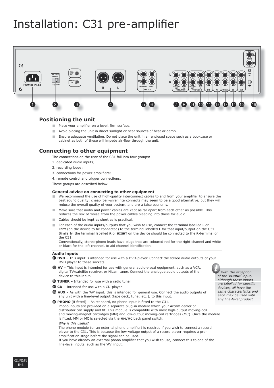 Installation: c31 pre-amplifier, Positioning the unit, Connecting to other equipment | E-4 connecting to other equipment, Installation: c31 pre-amplifi er, En g li s h | Arcam P1 User Manual | Page 4 / 18