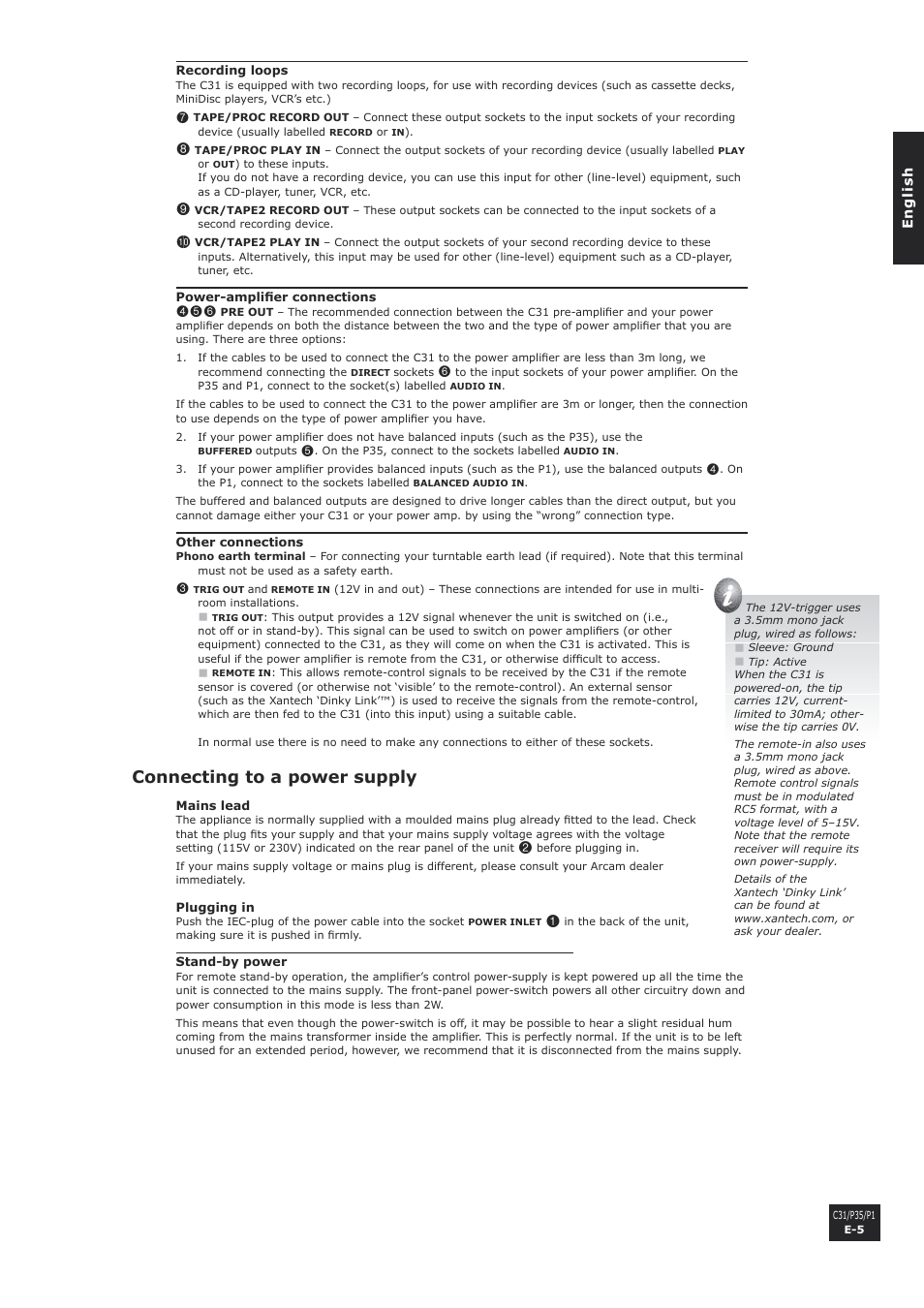 Connecting to a power supply | Arcam P1 User Manual | Page 5 / 18